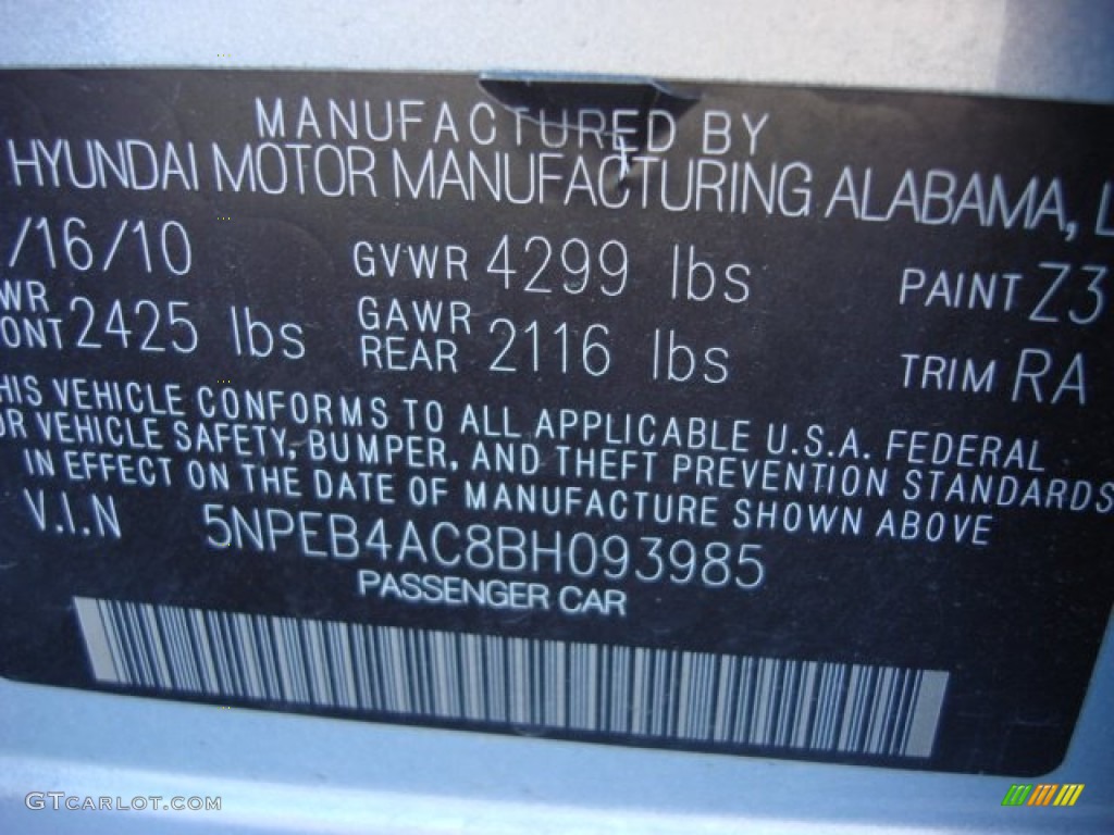 2011 Sonata Color Code Z3 for Iridescent Silver Blue Metallic Photo #57779637