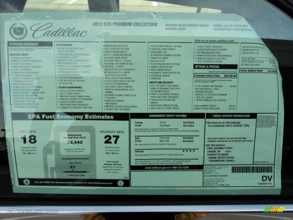 2012 Cadillac CTS 3.6 Sedan Window Sticker Photo #57785140