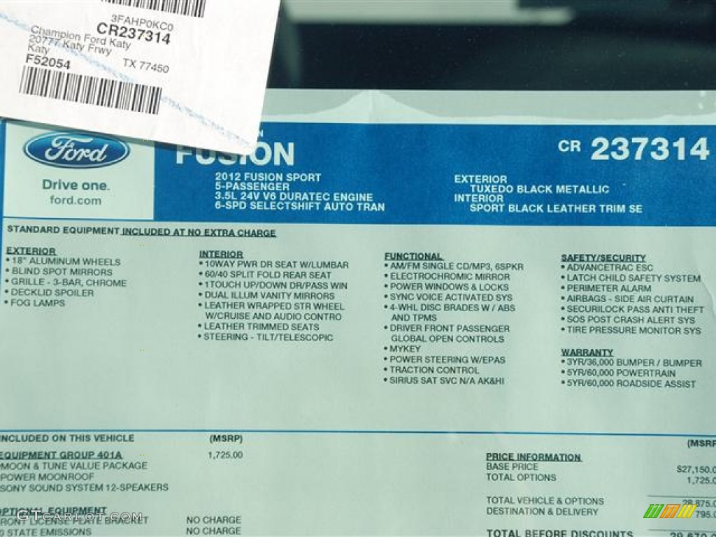2012 Ford Fusion Sport Window Sticker Photo #57790799
