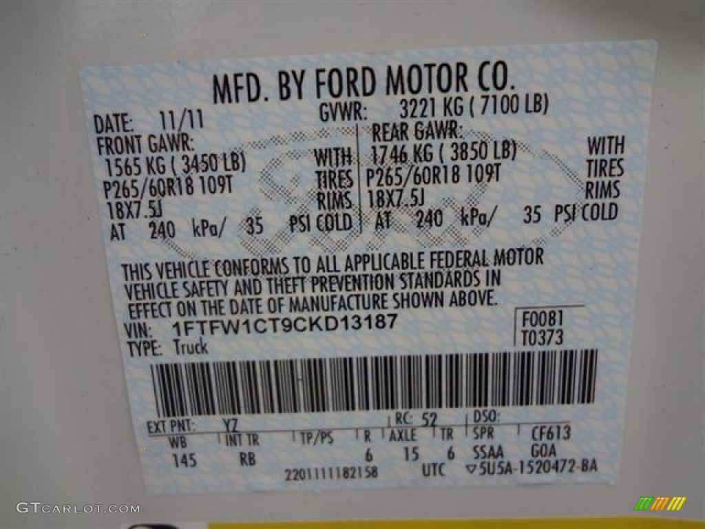 2012 F150 Color Code YZ for Oxford White Photo #57792737