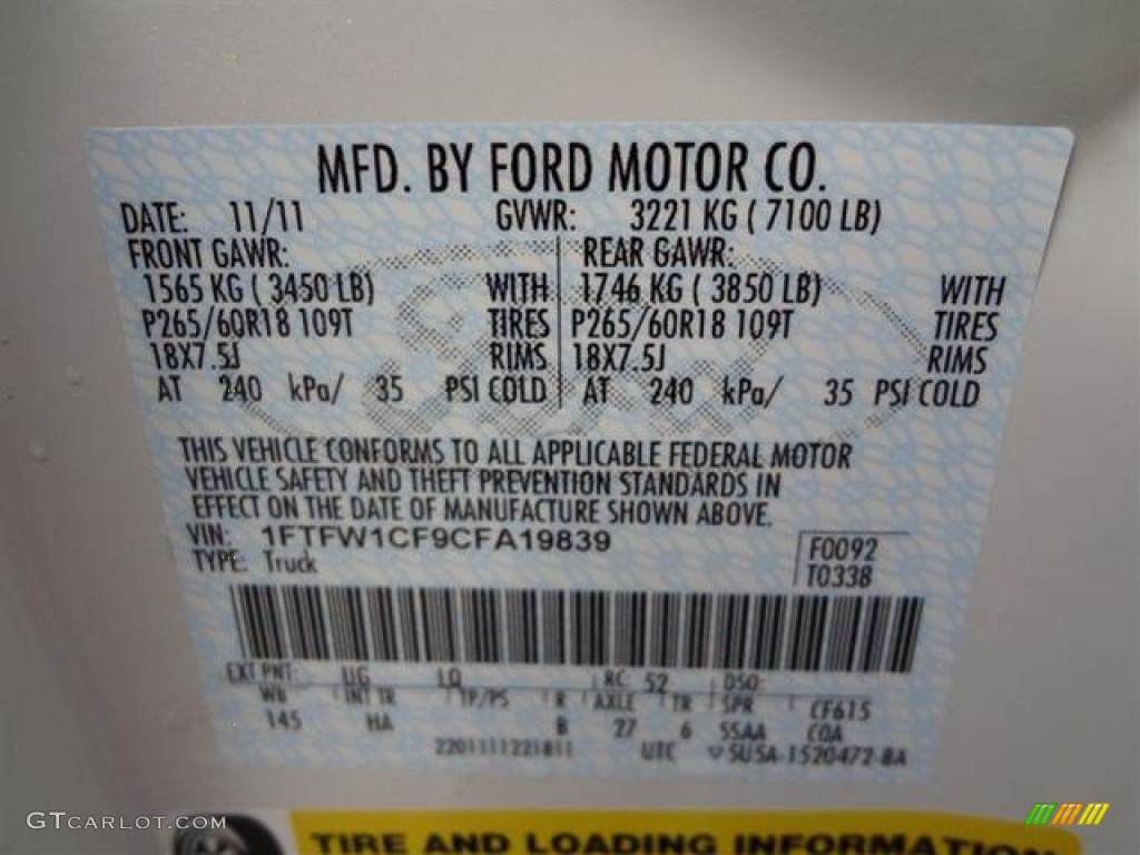 2012 F150 Color Code UG for White Platinum Metallic Tri-Coat Photo #57795065