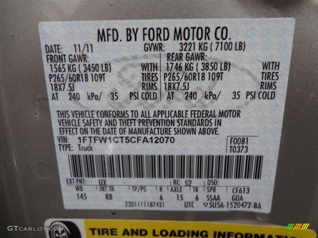 2012 F150 Color Code UX for Ingot Silver Metallic Photo #57795539