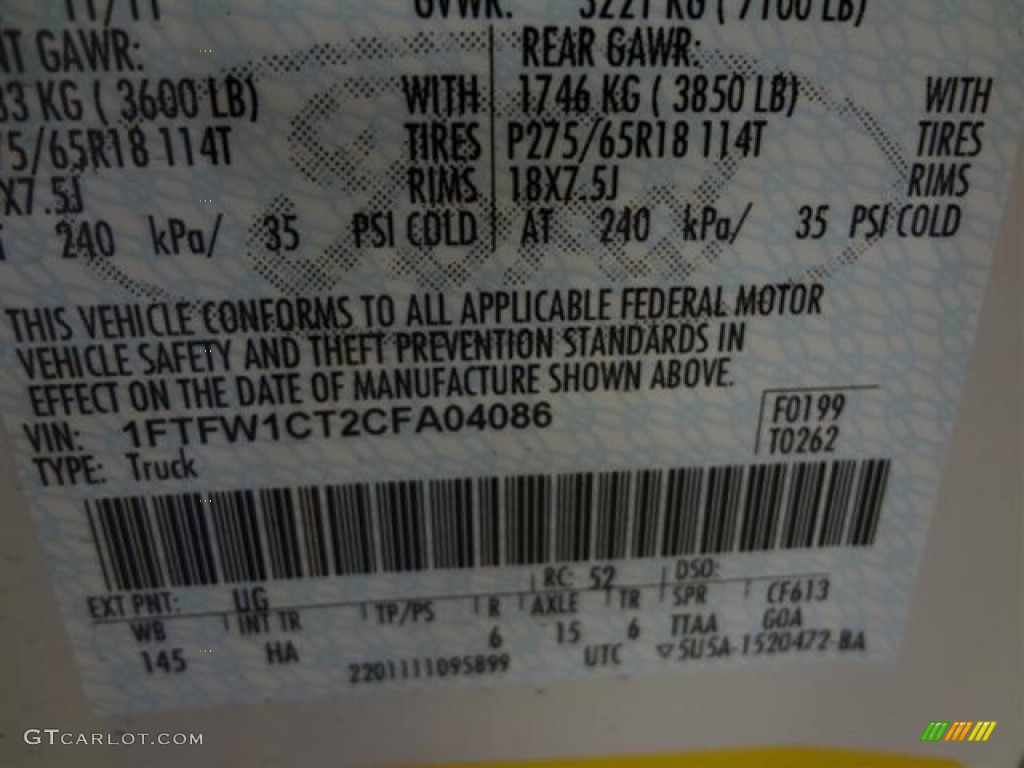 2012 F150 Color Code UG for White Platinum Metallic Tri-Coat Photo #57798229