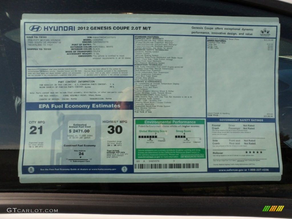 2012 Hyundai Genesis Coupe 2.0T Window Sticker Photo #57824803