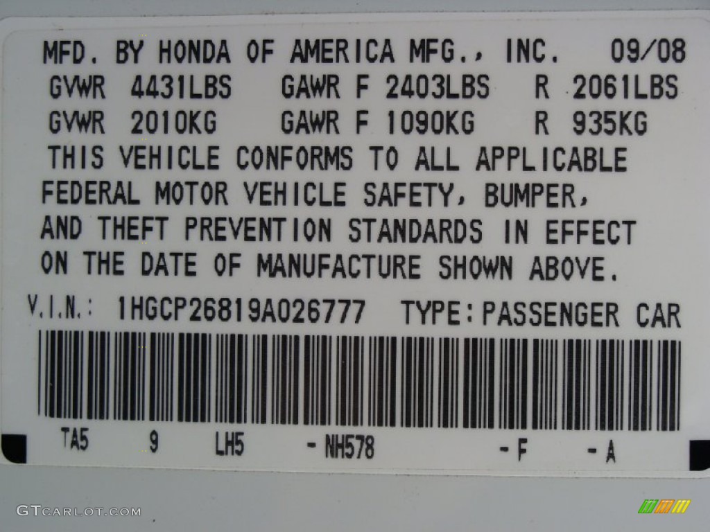 2009 Accord Color Code NH578 for Taffeta White Photo #57829292