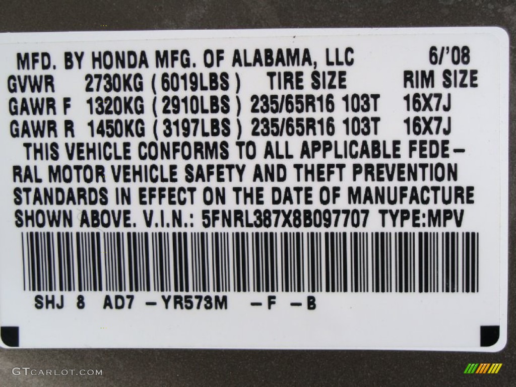2008 Odyssey Color Code YR573M for Mocha Metallic Photo #57830735