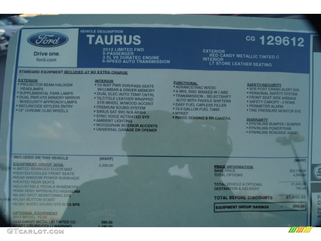 2012 Ford Taurus Limited Window Sticker Photo #57834258
