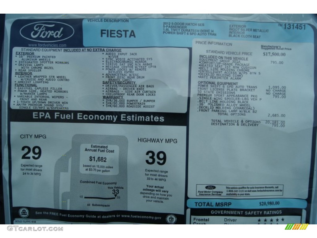 2012 Ford Fiesta SES Hatchback Window Sticker Photo #57836561