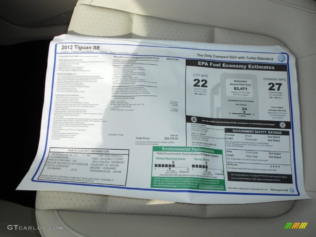 2012 Volkswagen Tiguan SE Window Sticker Photo #57836717