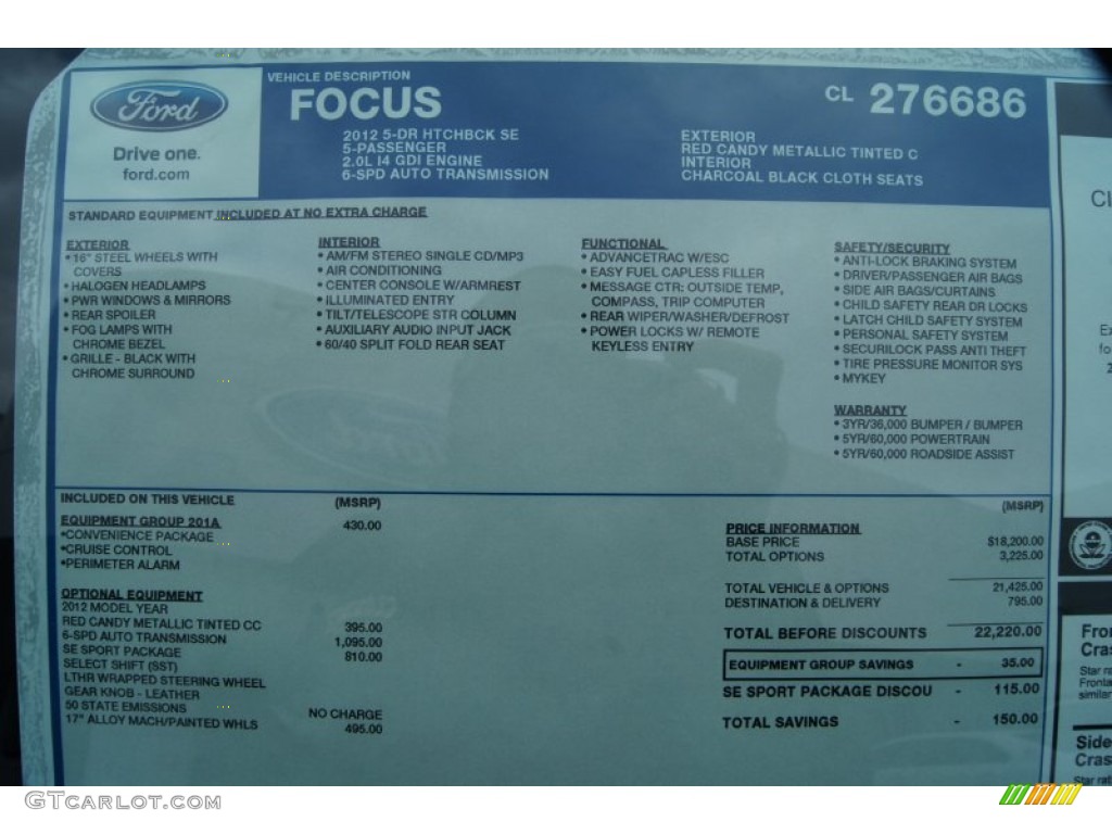 2012 Ford Focus SE Sport 5-Door Window Sticker Photo #57836870