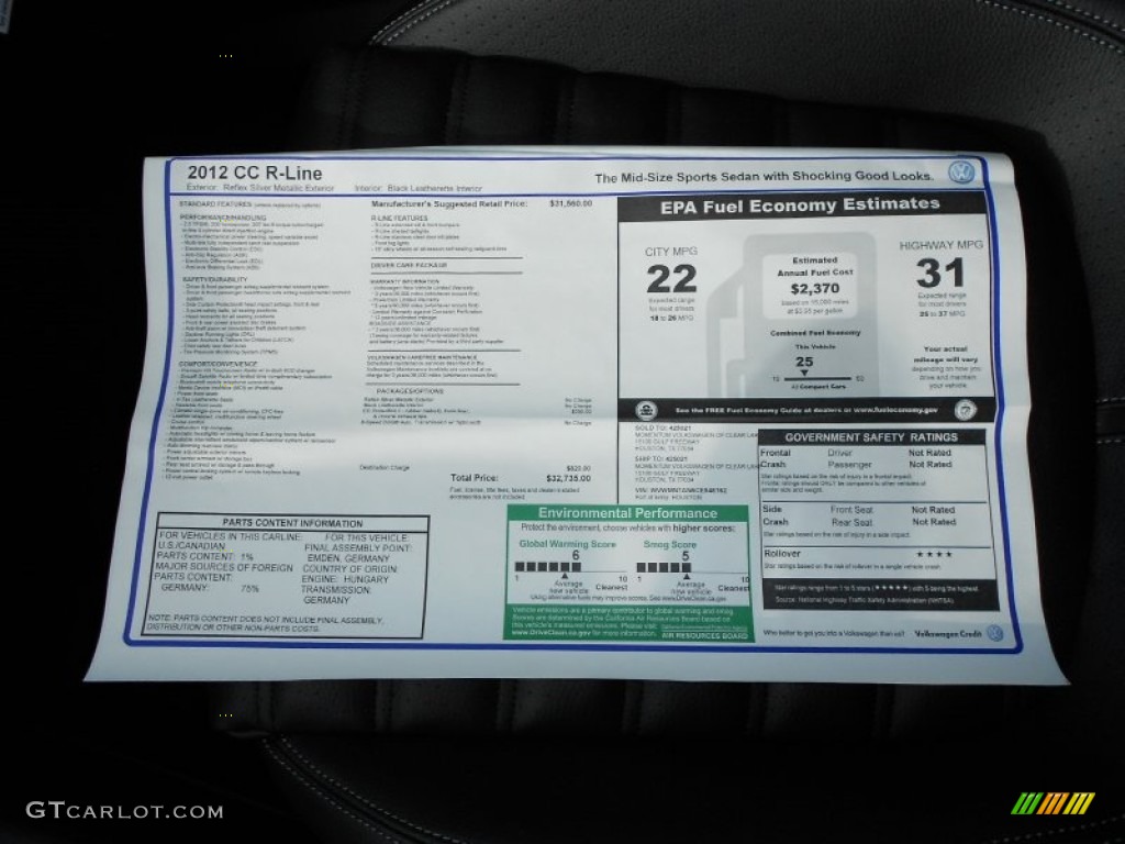 2012 Volkswagen CC R-Line Window Sticker Photo #57838871