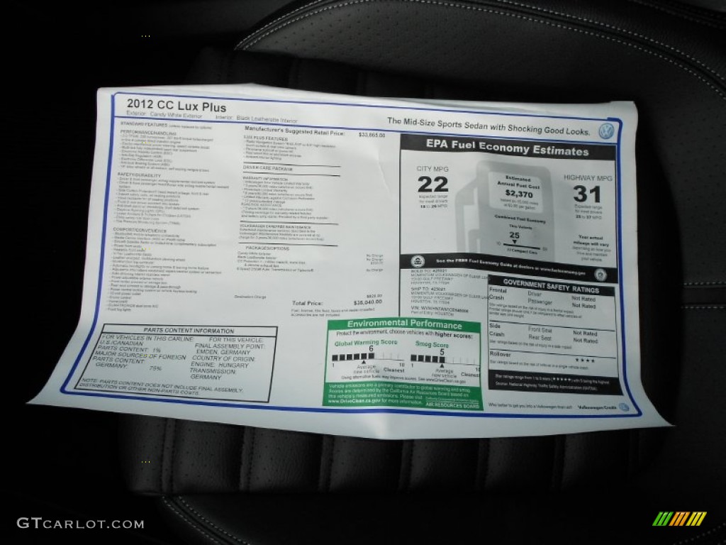2012 Volkswagen CC Lux Plus Window Sticker Photo #57839132