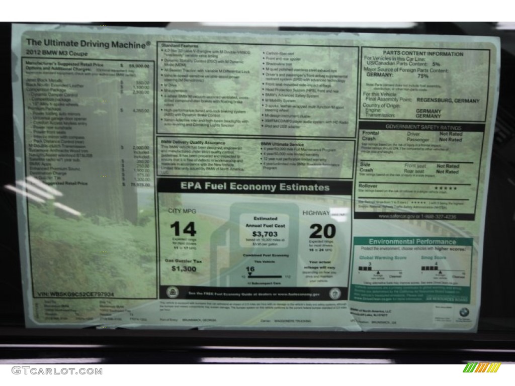 2012 BMW M3 Coupe Window Sticker Photo #57848114