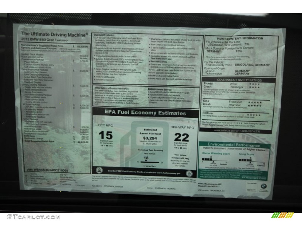 2012 BMW 5 Series 550i Gran Turismo Window Sticker Photo #57850331