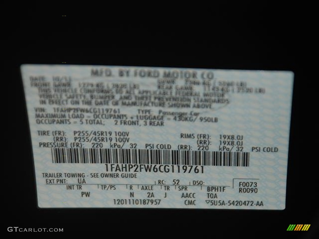 2012 Taurus Color Code UA for Ebony Black Photo #57854921