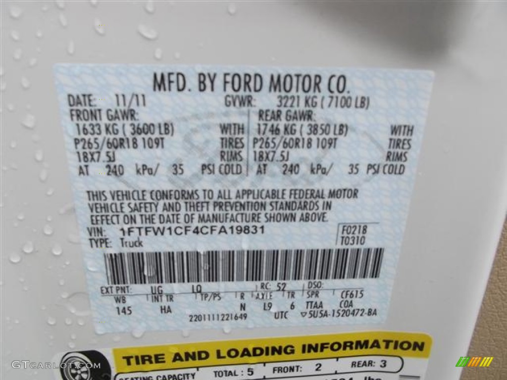 2012 F150 Color Code UG for White Platinum Metallic Tri-Coat Photo #57855181
