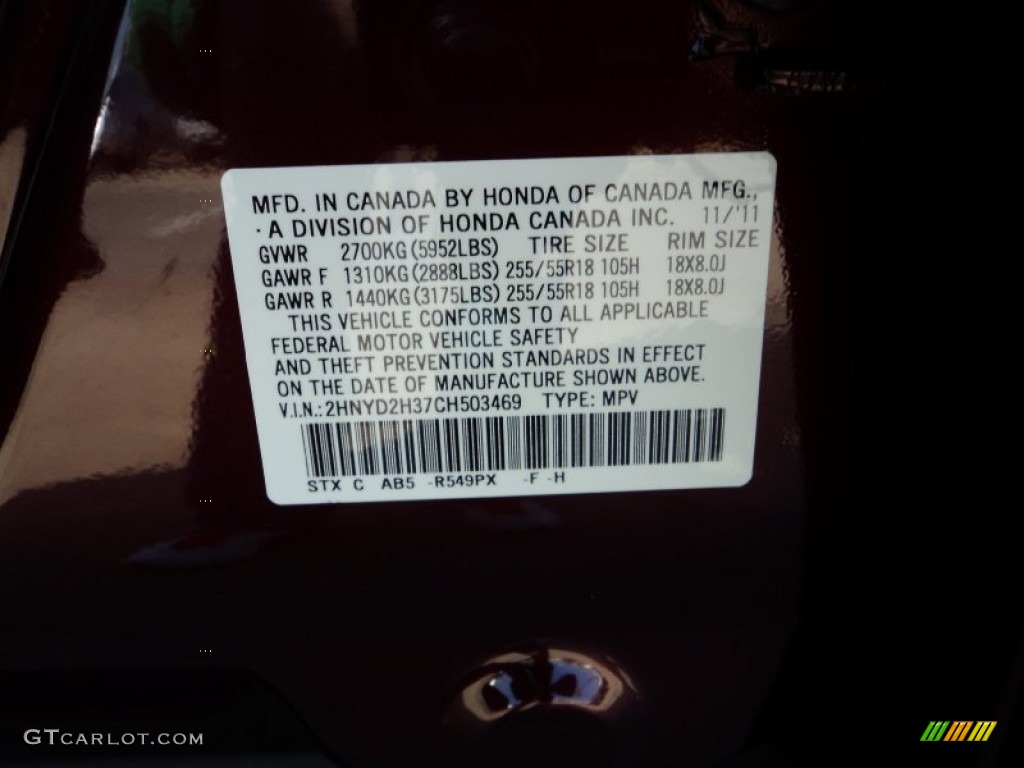 2012 MDX Color Code R549 for Dark Cherry Pearl II Photo #57859748