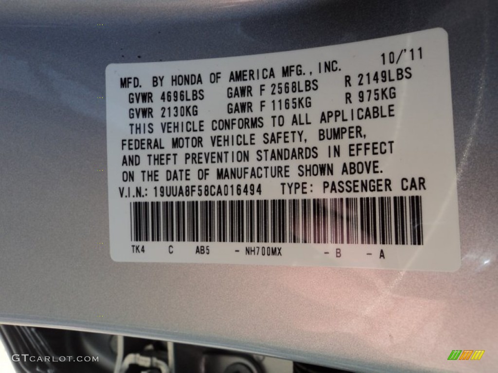 NH700 2012 Acura TL 3.5 Technology Parts
