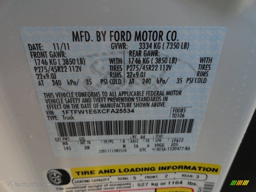 2012 F150 Color Code UG for White Platinum Metallic Tri-Coat Photo #57866687