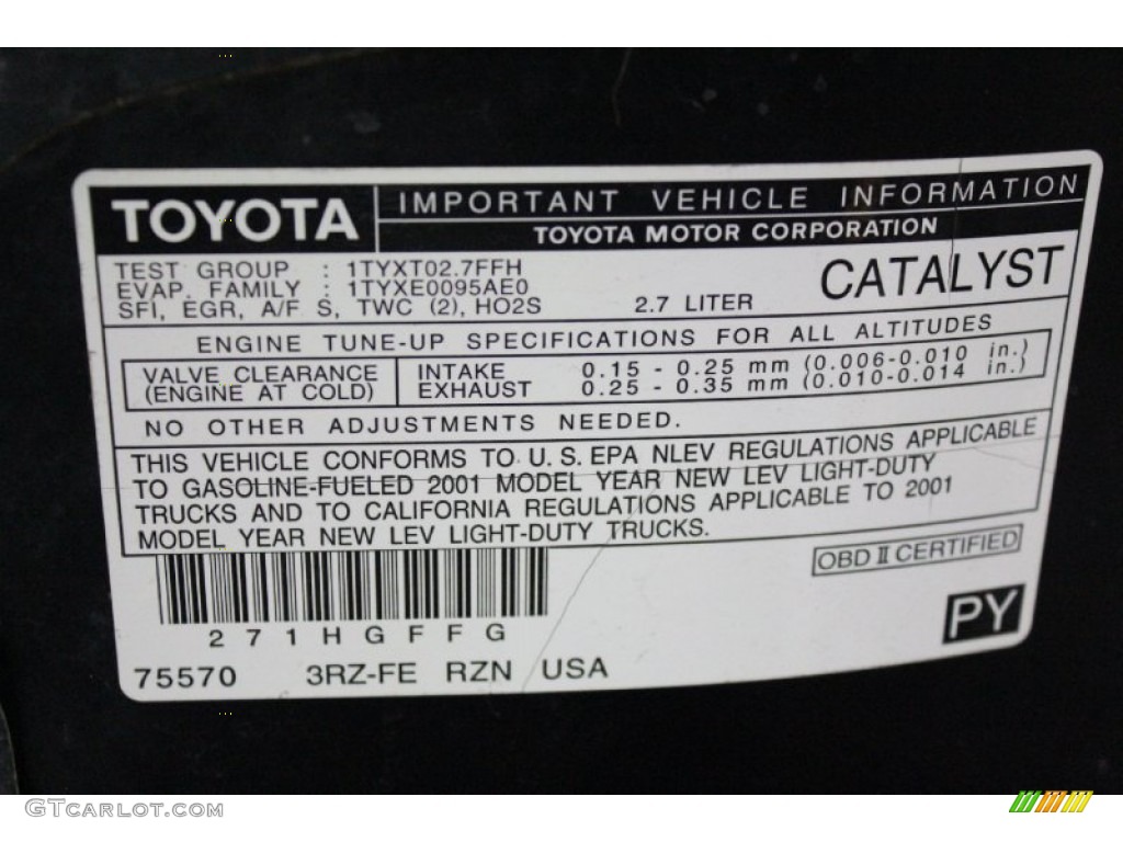 2001 Toyota Tacoma Regular Cab 4x4 Info Tag Photos