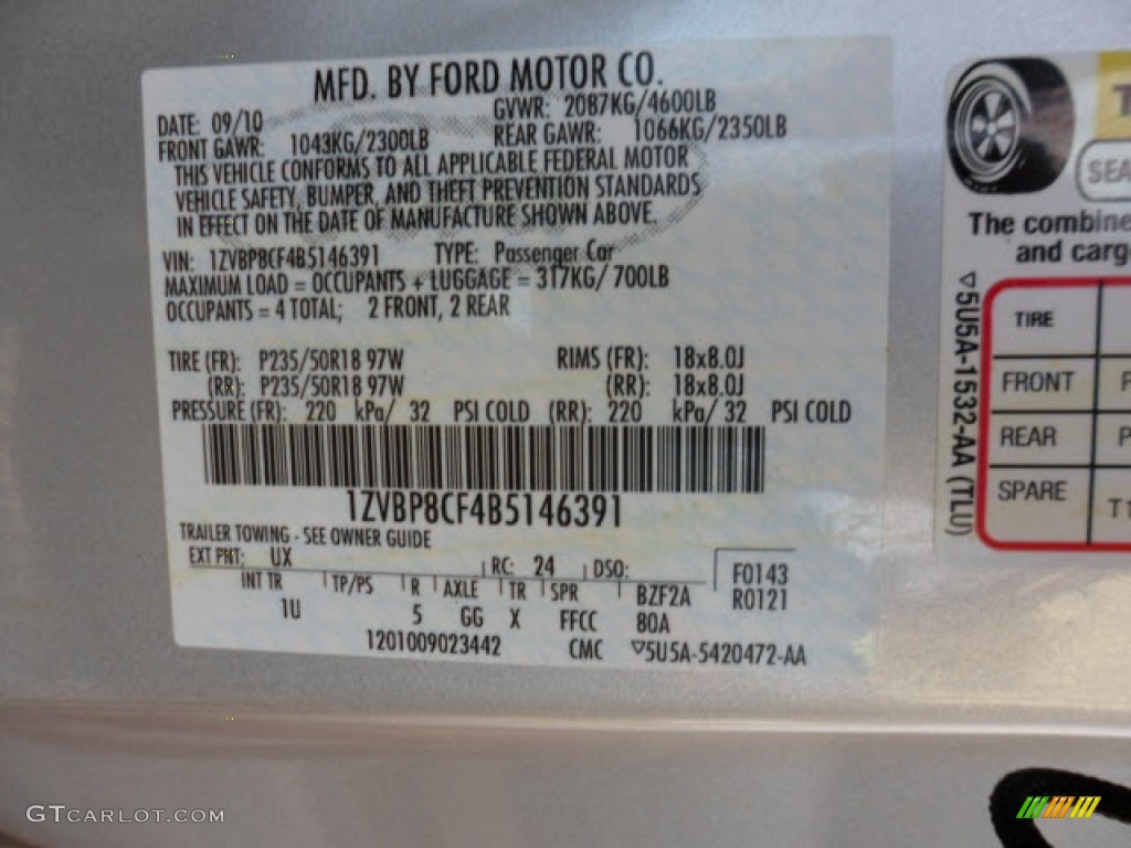 2011 Mustang Color Code UX for Ingot Silver Metallic Photo #57902019