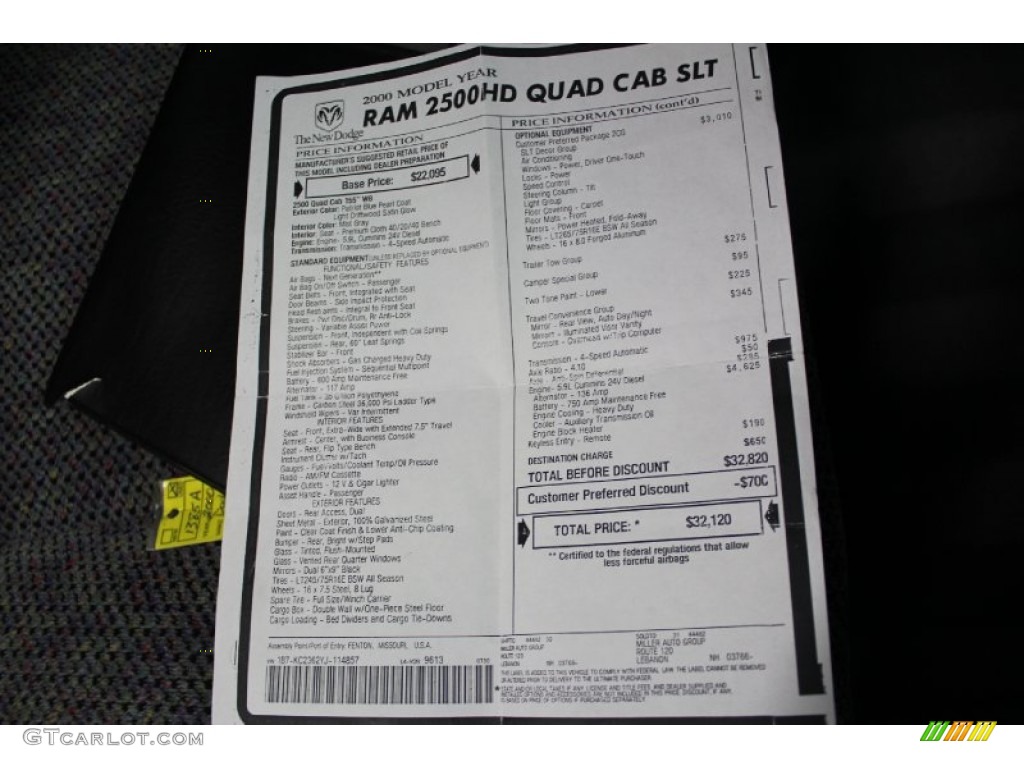 2000 Dodge Ram 2500 SLT Extended Cab Window Sticker Photo #57903099