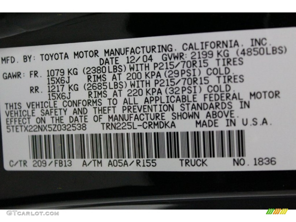 2005 Tacoma Color Code 209 for Black Sand Pearl Photo #57906085