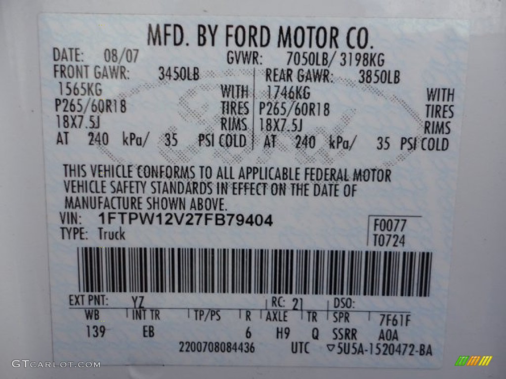 2007 F150 Color Code YZ for Oxford White Photo #57915832