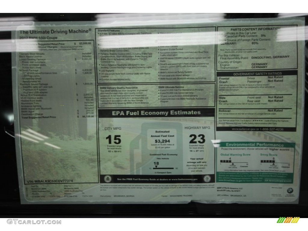 2012 BMW 6 Series 650i Coupe Window Sticker Photo #57940659