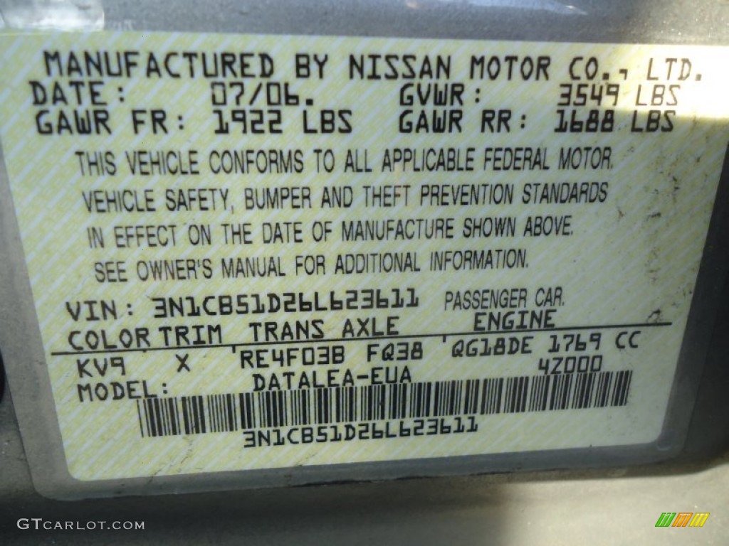 2006 Sentra Color Code KV9 for Radium Metallic Photo #57958211