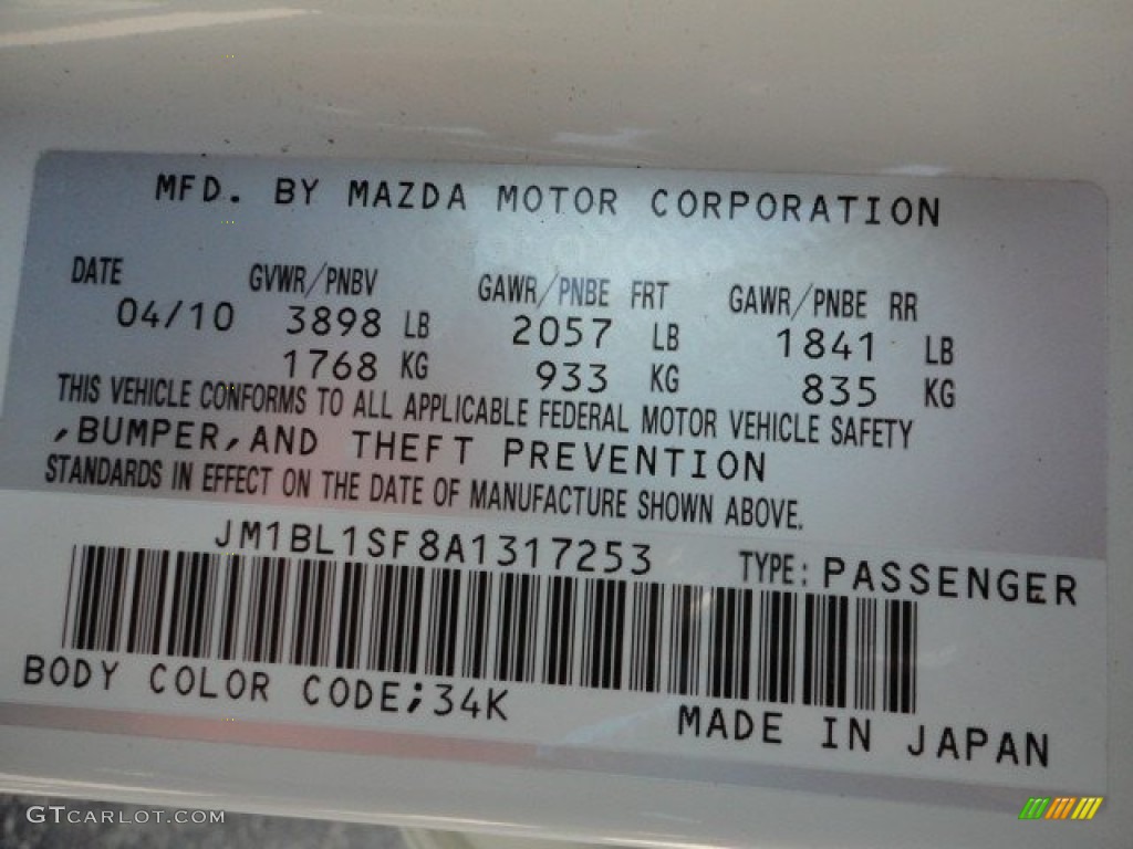 2010 MAZDA3 Color Code 34K for Crystal White Pearl Mica Photo #57971453