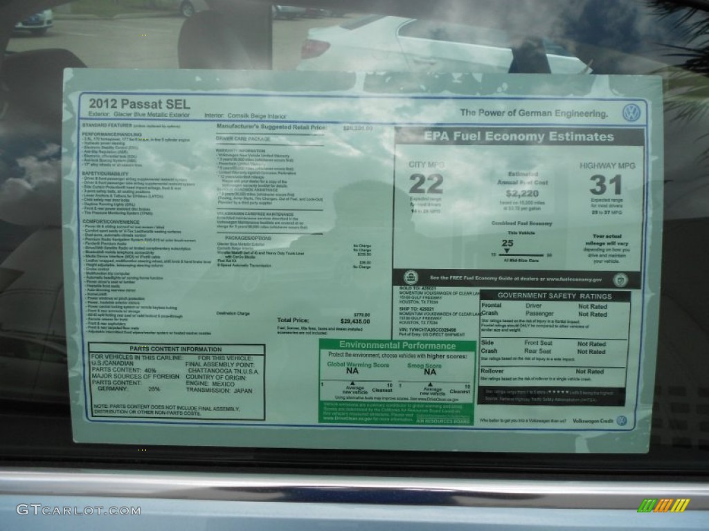 2012 Volkswagen Passat 2.5L SEL Window Sticker Photo #57993968
