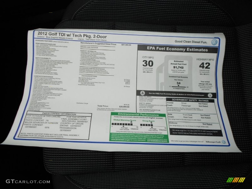 2012 Volkswagen Golf 2 Door TDI Window Sticker Photo #58012793
