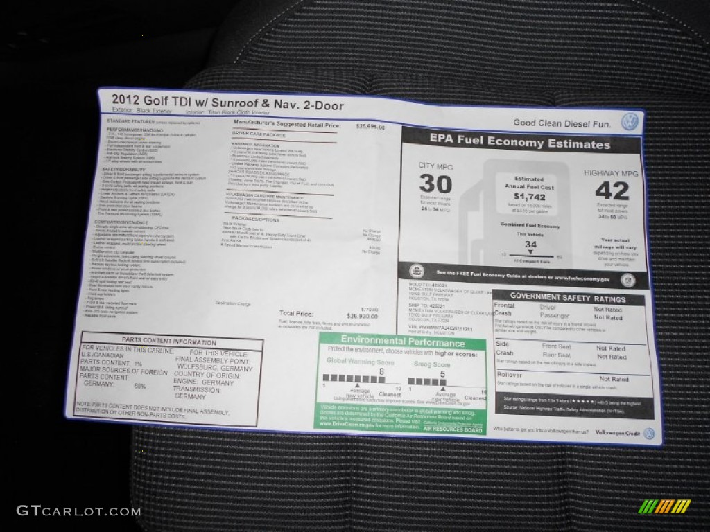 2012 Volkswagen Golf 2 Door TDI Window Sticker Photo #58013195