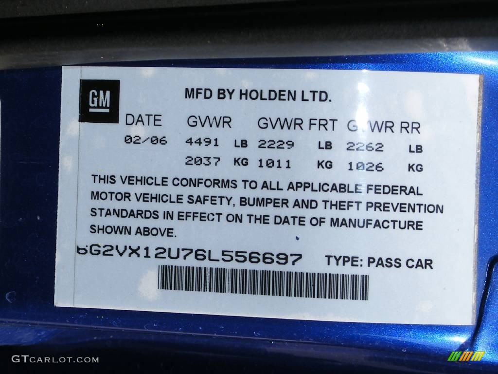 2006 Pontiac GTO Coupe Info Tag Photo #58019891