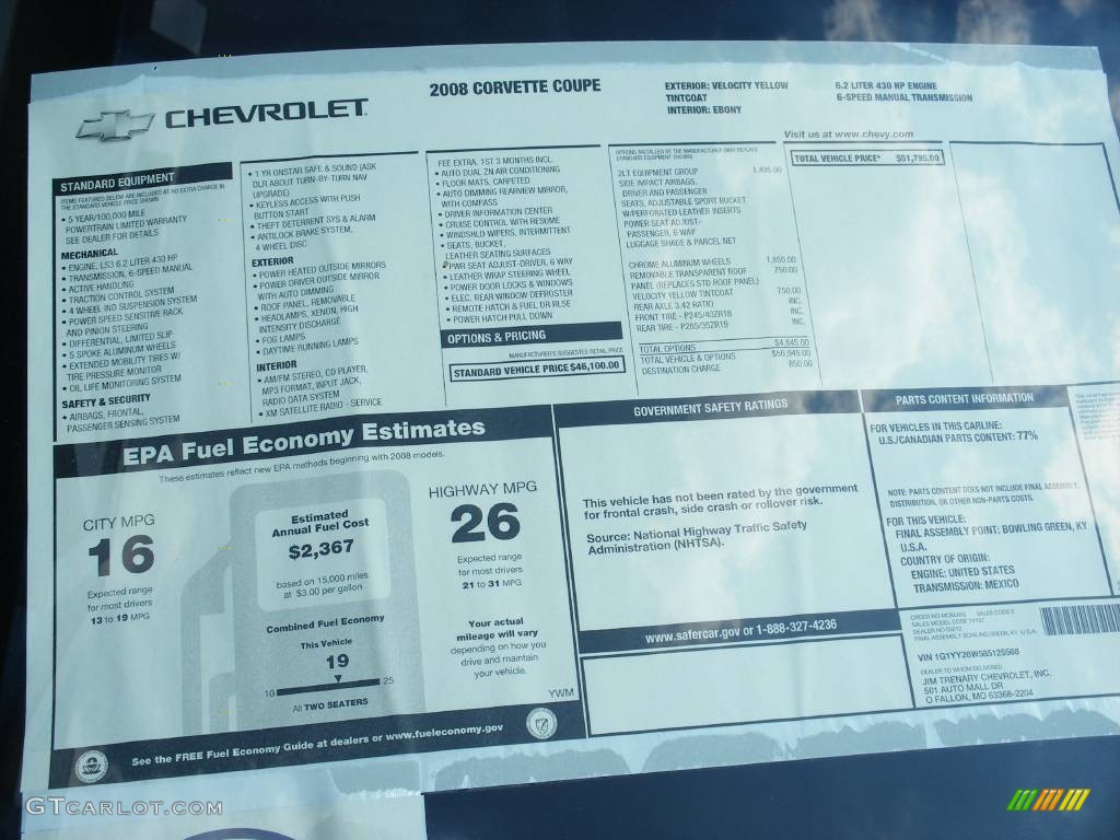 2008 Chevrolet Corvette Coupe Window Sticker Photo #58031912