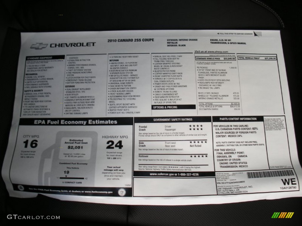 2010 Chevrolet Camaro SS/RS Coupe Window Sticker Photo #58036819