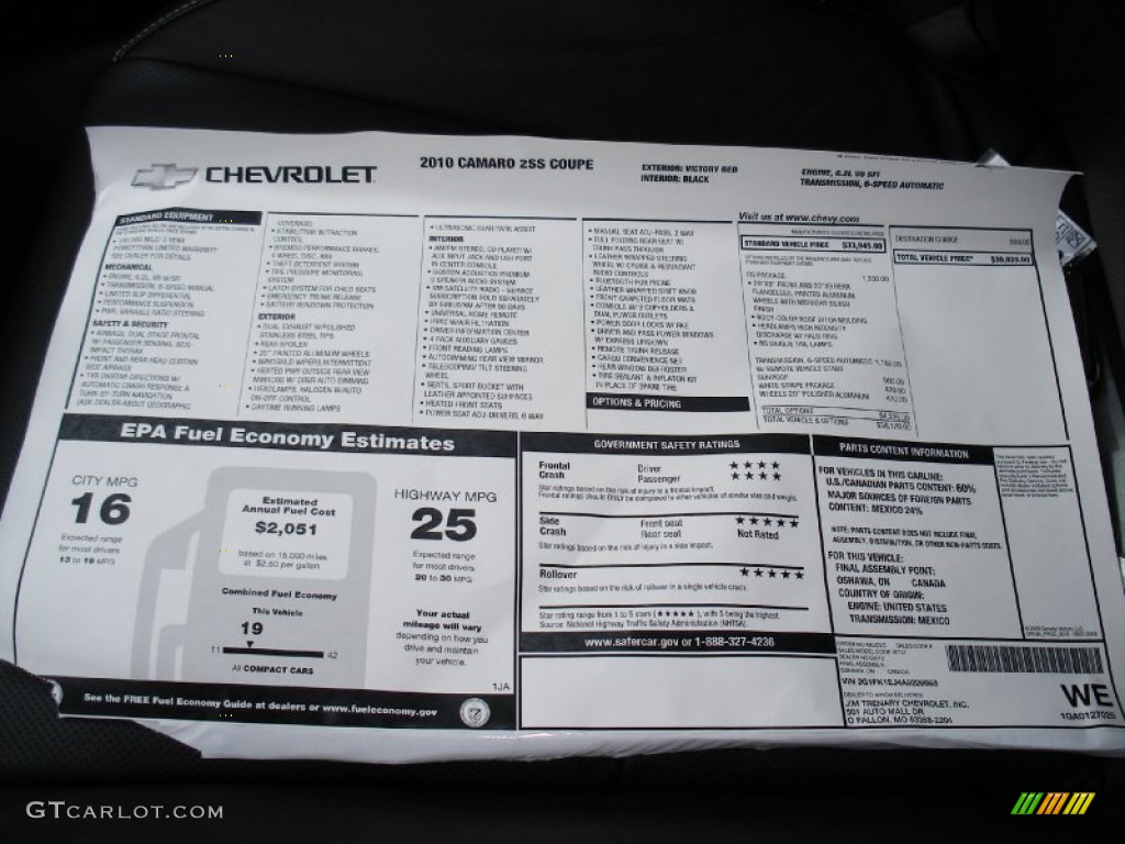 2010 Chevrolet Camaro SS/RS Coupe Window Sticker Photo #58037570