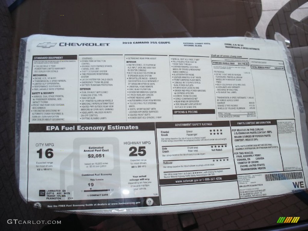 2010 Chevrolet Camaro SS/RS Coupe Window Sticker Photo #58038516