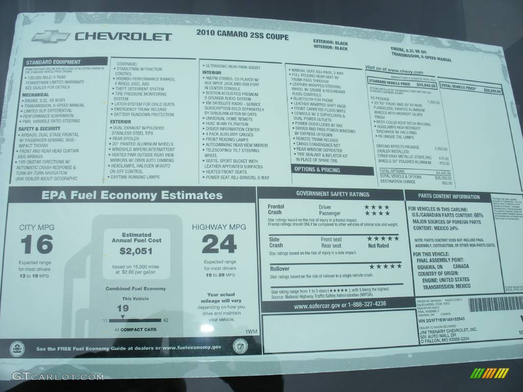 2010 Chevrolet Camaro SS/RS Coupe Window Sticker Photo #58040326