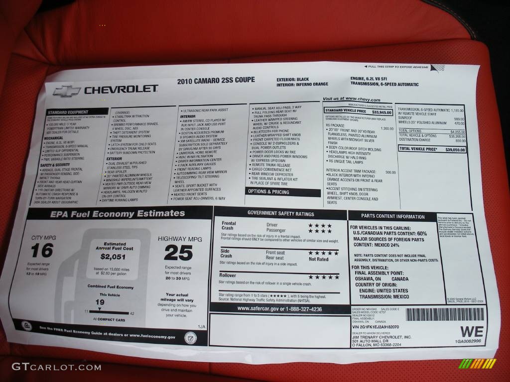 2010 Chevrolet Camaro SS/RS Coupe Window Sticker Photo #58040830
