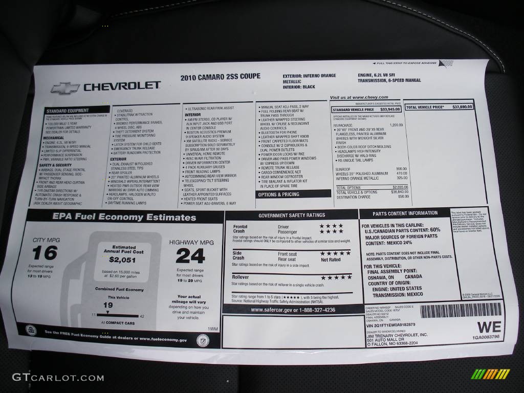 2010 Chevrolet Camaro SS/RS Coupe Window Sticker Photo #58041046