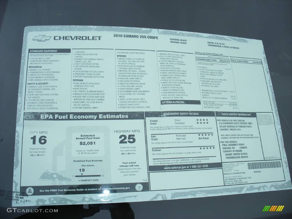2010 Chevrolet Camaro SS/RS Coupe Window Sticker Photo #58042007