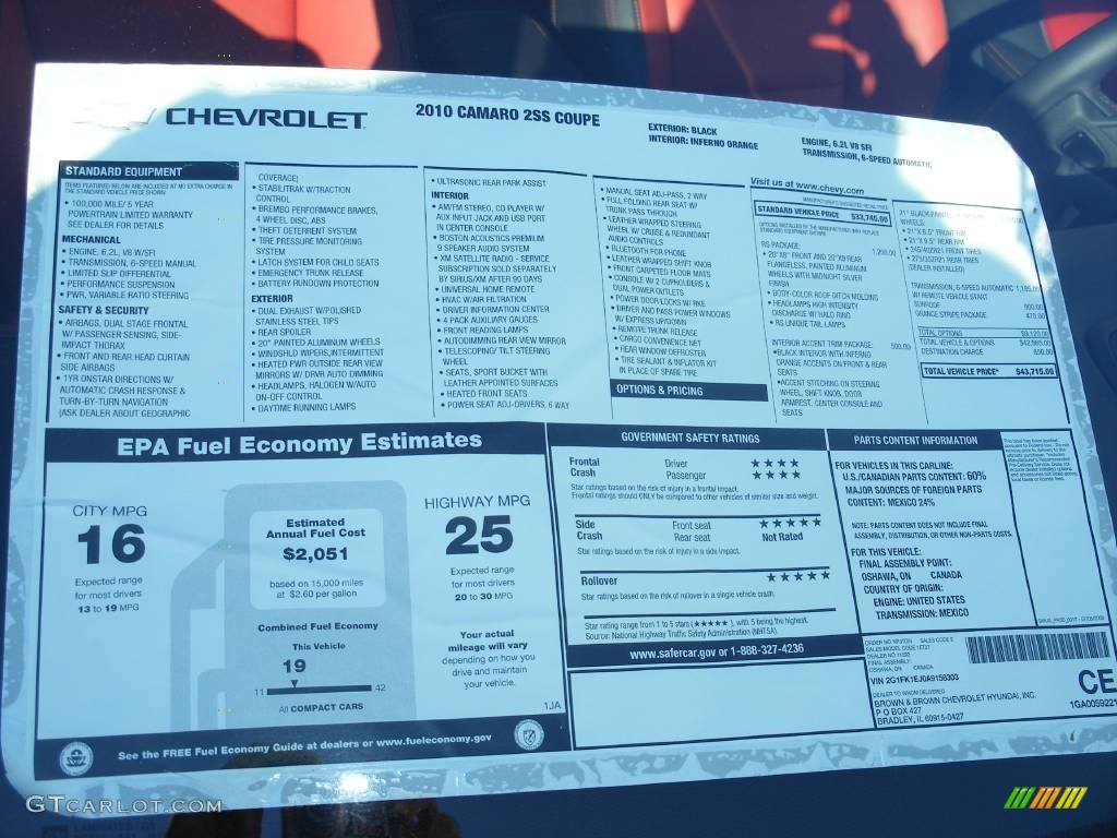 2010 Chevrolet Camaro SS/RS Coupe Window Sticker Photo #58043021