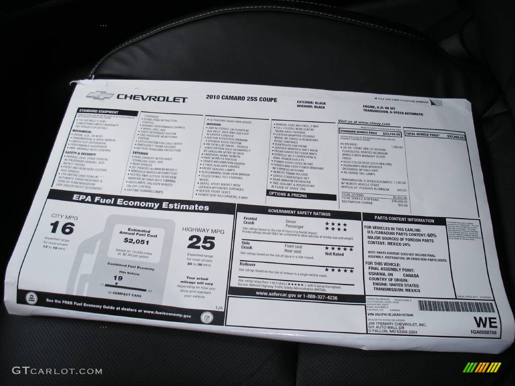 2010 Chevrolet Camaro SS/RS Coupe Window Sticker Photo #58044590