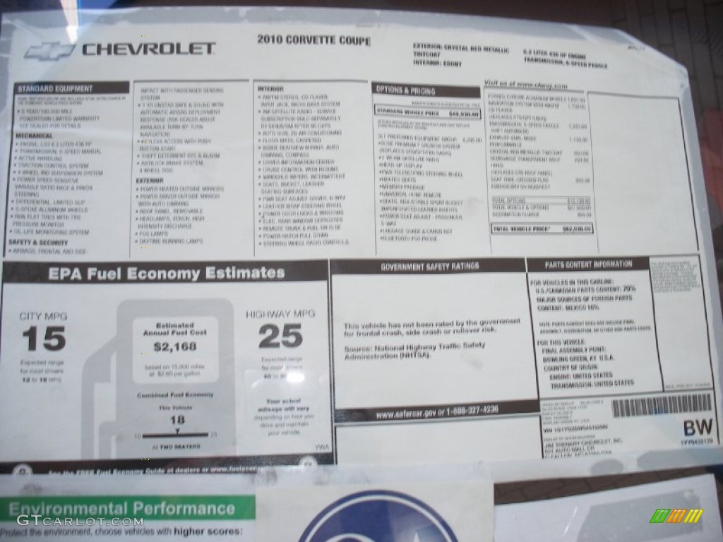 2010 Chevrolet Corvette Coupe Window Sticker Photo #58046477
