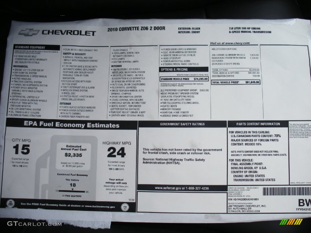 2010 Chevrolet Corvette Z06 Window Sticker Photo #58046802