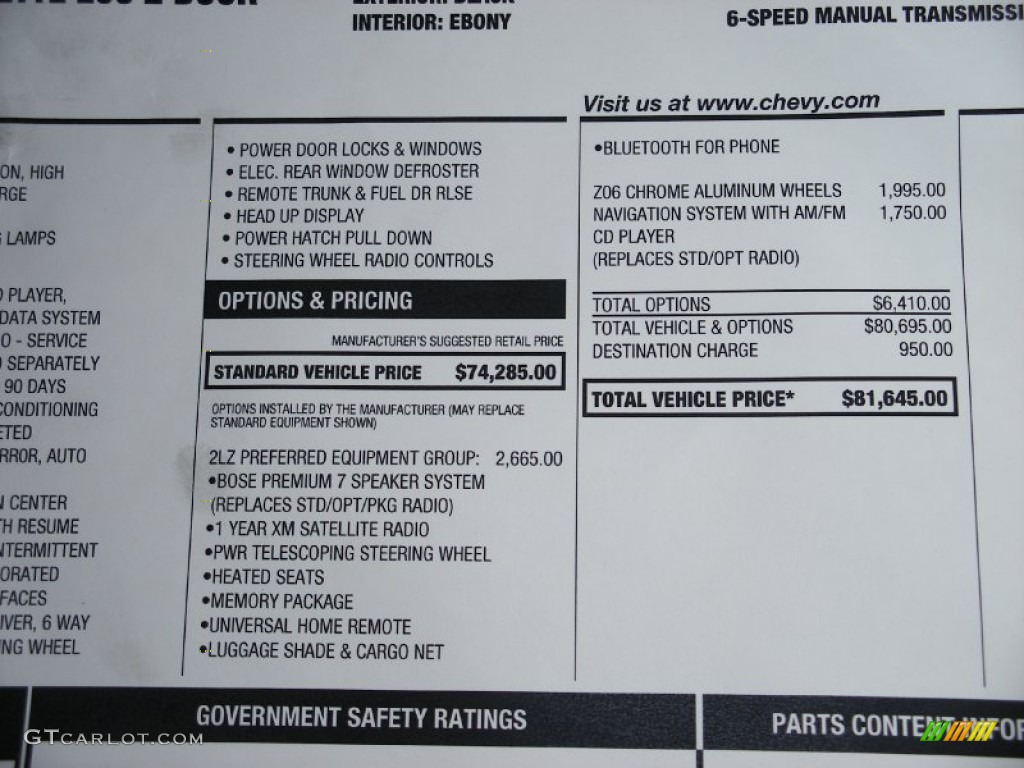 2010 Chevrolet Corvette Z06 Window Sticker Photos