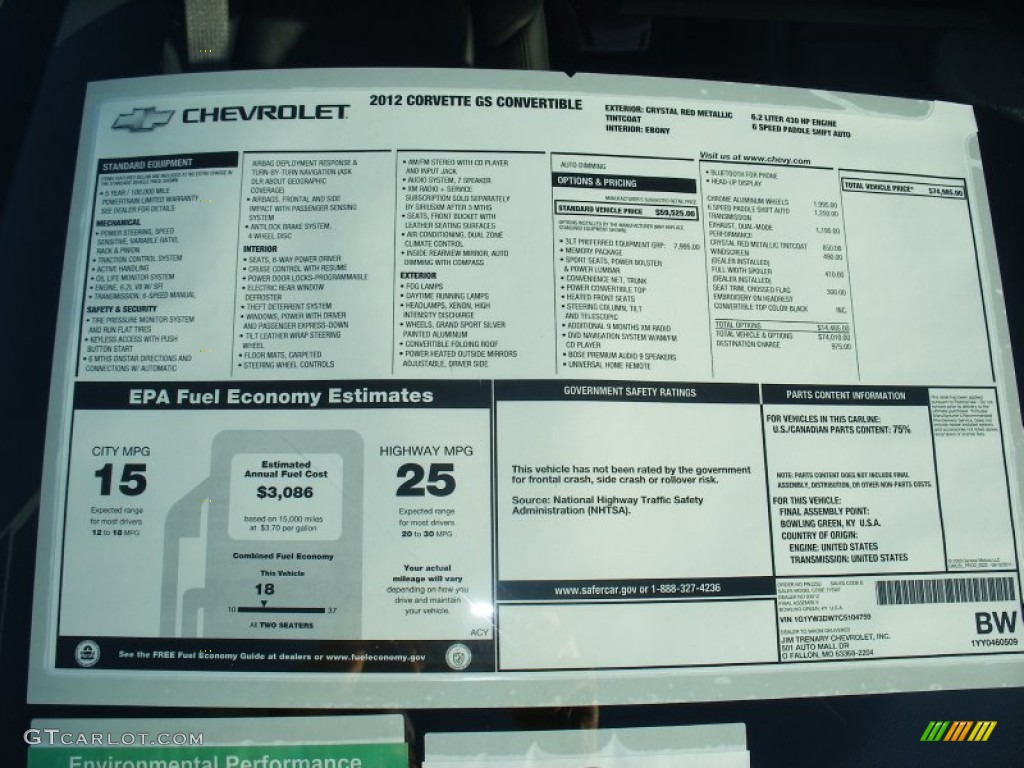 2012 Chevrolet Corvette Grand Sport Convertible Window Sticker Photo #58051463
