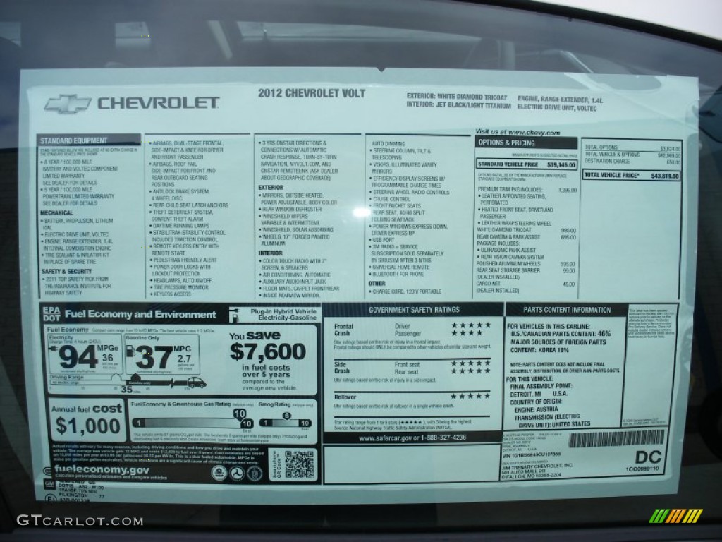 2012 Chevrolet Volt Hatchback Window Sticker Photo #58051815